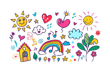 Colorful doodle elements with suns hearts and rainbow 1