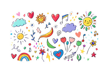 Colorful doodle elements with suns hearts and rainbow