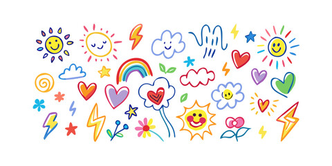 Colorful doodle icons of suns hearts clouds and lightning bolts