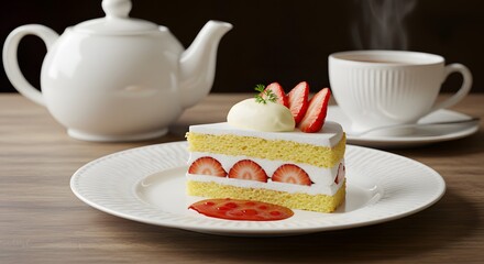 Delicious Slice of Strawberry Shortcake Served with Hot Tea on a Wooden Table