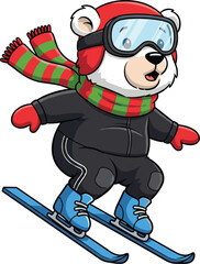 Cartoon bear skiing in winter gear with helmet, goggles, scarf, gloves, and ski suit on snowy mountain slope in motion