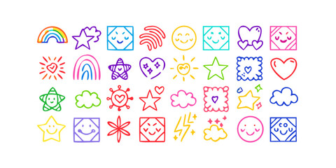 Colorful doodle icons with smiling faces and shapes