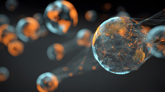 Abstract 3D render of digital ecosystems interconnected glowing spheres symbolizing global technology networks, minimalist business color palette.