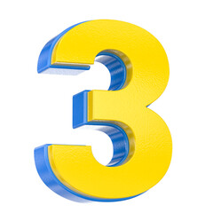 Textured bright yellow 3D number three with blue layered edges, perfect for design isolated on white.