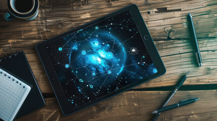 Digital Constellation Map on Tablet with Notebook and Coffee
