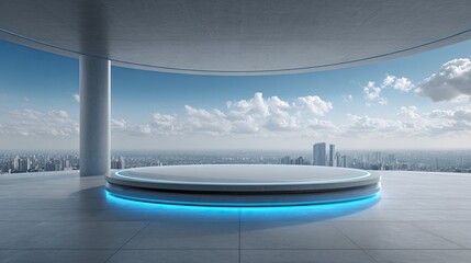 Sleek circular podium with vibrant blue neon lights illuminating a modern rooftop at night, creating an atmospheric, futuristic urban escape for exclusive events and sophisticated gatherings.