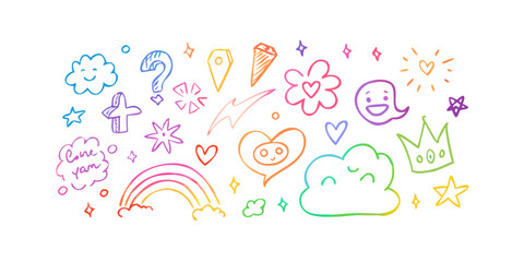 Colorful Hand Drawn Doodle Elements with Rainbow and Clouds