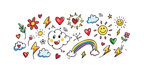 Colorful hand drawn doodle elements with transparent background