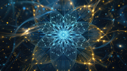 Glowing digital mandala in a flower shape radiates blue and gold cosmic energy, symbolizing harmony, balance, and spiritual connection.
