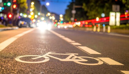 Bike lane marking on city street at night.