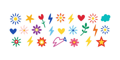 Colorful hand drawn icons of flowers hearts and lightning bolts