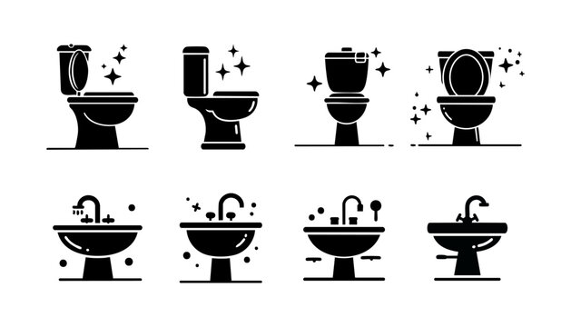 Black and white icons of bathroom fixtures, including toilets and sinks, with a clean design