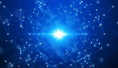 Abstract digital technology background concept showing connected glowing network nodes lines on dark blue backdrop.