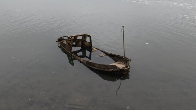 Epave de bateau centr&eacute; dans l'&eacute;cran et flux de l'eau gris&acirc;tre d&eacute;filant paisiblement. 