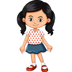 Cartoon child girl with black pigtails wearing a white t-shirt with red hearts and a blue skirt standing and smiling on a transparent background