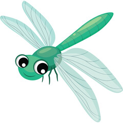 Cartoon Dragonfly Insect Illustration With Big Eyes And Translucent Wings On White Background