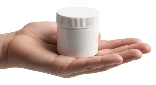 Hand holding a white pill bottle isolated on transparent background