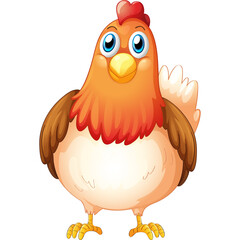 Cartoon Hen Standing Proudly with Bright Blue Eyes and Yellow Beak White and Brown Feathers on Transparent Background
