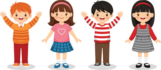 Cartoon illustration of four diverse happy children raising arms, smiling in colorful outfits, standing side by side on white background
