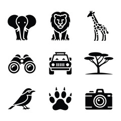 African Safari Icons Set Elephant Lion Giraffe Binoculars Safari Car Tree vector illustration