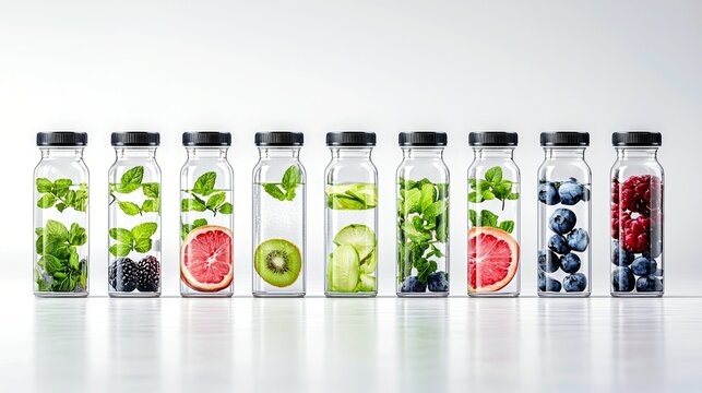 A collection of eight clear glass bottles, each filled with water and a different type of fruit or herb, lined up against a white background.