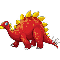 Cartoon Stegosaurus Dinosaur Vibrant Red Orange Spots Yellow Spikes Walking Pose Cartoonish Style on Transparent Background