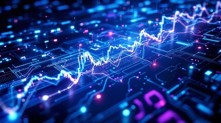 Obraz premium Dynamic stock market chart rising on futuristic circuit board with vibrant neon glow