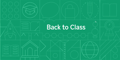 Back to class with educational icons and symbols on a green background