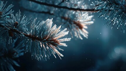 frozen pine needles glistening under moonlight,