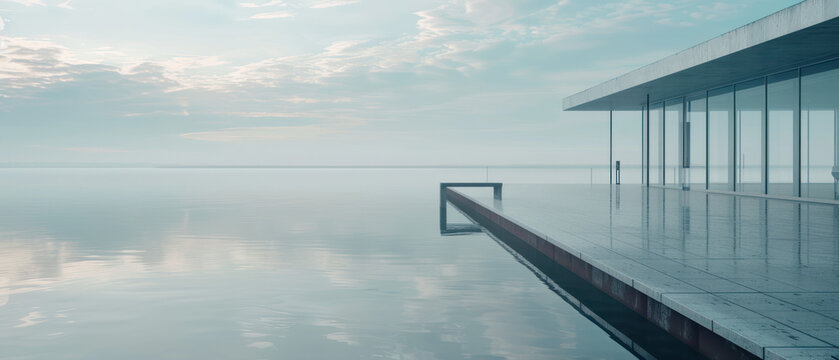 Modern glass house by calm reflective water
