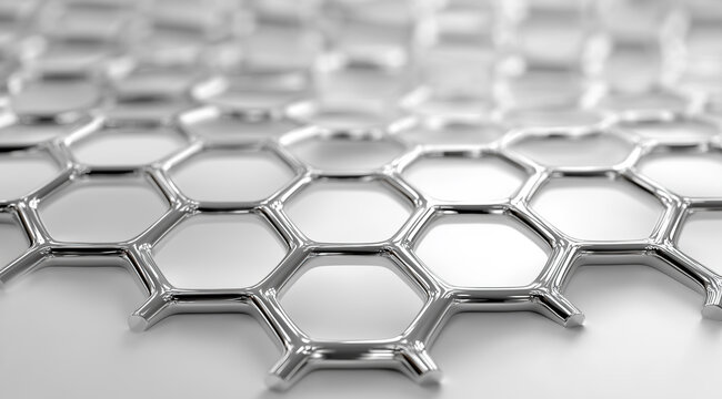 Sleek metallic hexagonal lattice creates precise geometric honeycomb structure pattern elegantly.
