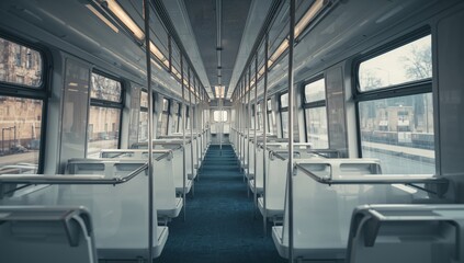 Obraz premium Subway Interior Modern Train Corridor White Seats Large Windows Recessed Lighting Dark Blue Carpet Minimalistic Clean Bright Spacious Generative AI
