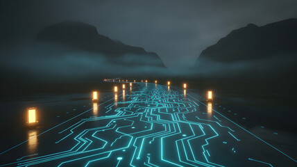 Cybernetic Pathway: A luminous digital pathway, akin to a circuit board, extends through a misty, mountainous landscape, symbolizing the convergence of technology and nature.