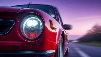 Car Red Headlight Front Motion Road Dawn Low Angle Vibrant Speed Vehicle Automotive Driving Transport Blur Lighting Bright Generative AI