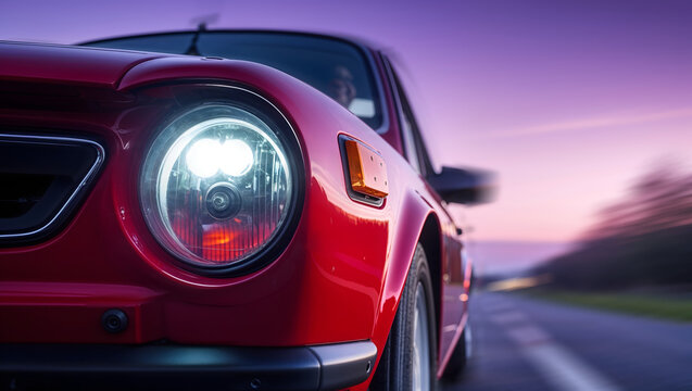 Car Red Headlight Front Motion Road Dawn Low Angle Vibrant Speed Vehicle Automotive Driving Transport Blur Lighting Bright Generative AI