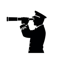 Silhouette of a sea captain looking through a telescope.