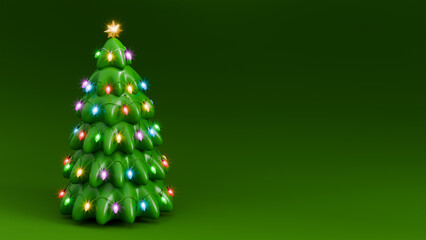 Stylized cartoon green Christmas tree adorned with colorful lights. Concept of Christmas decoration and New Year. Green background. 3D render, minimalistic illustration