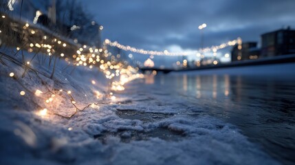 frozen riverbank with Christmas lights reflecting,