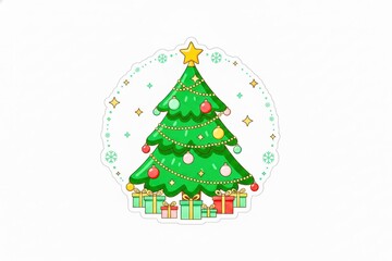 A cute cartoon illustration of a festive Christmas tree decorated with ornaments and garlands, surrounded by wrapped gifts, on a white background.