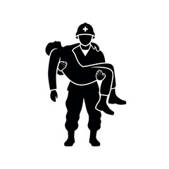 Soldier carrying injured person silhouette.