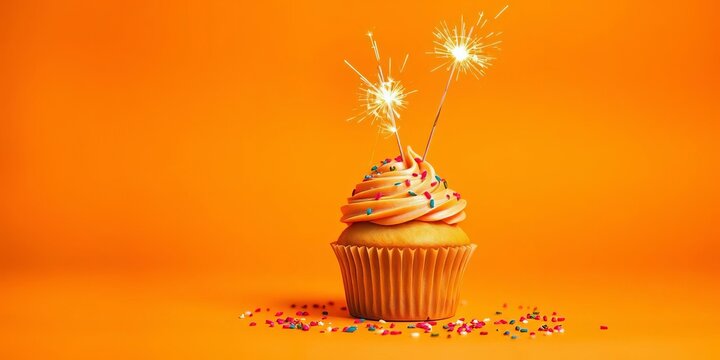 A vibrant orange backdrop showcases a single, delicious cupcake topped with a celebratory sparkler, orange background, food photography - Powered by Adobe