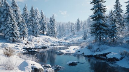 frozen river through snowy pine valley,