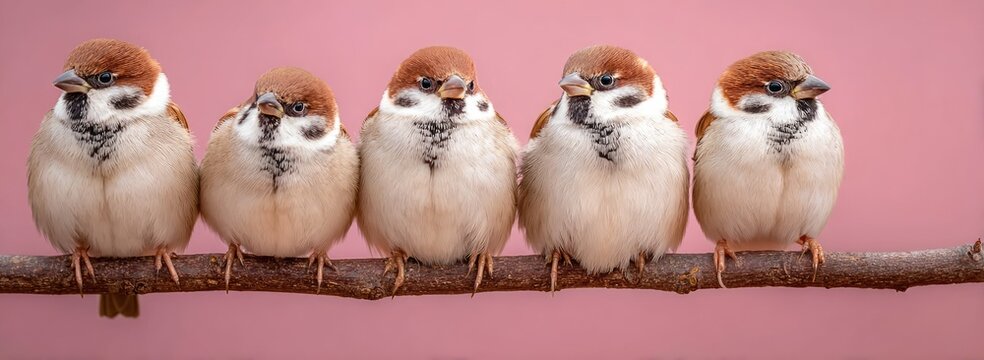 Five sparrows perched on a branch against a pink background