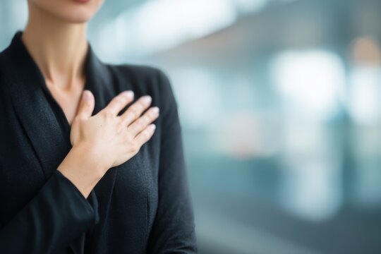 A kind businesswoman places her hand on her chest, expressing empathy and reassurance.