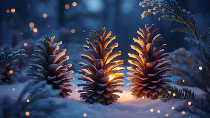 Enchanted Forest Pine Cones: A captivating winter scene unfolds with three radiant pine cones illuminated amidst a pristine blanket of snow, the soft glow hinting at warmth.
