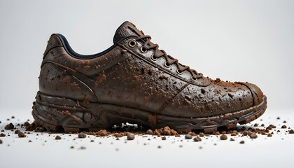 A shoe covered in mud, with white background