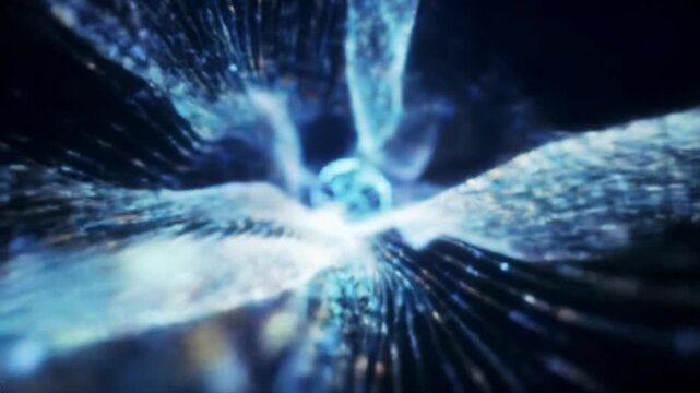 Expansive, hyper-futuristic abstract video of shimmering iridescent rainbow light and deep blue undertones flowing around an animated computational sphere with exquisite bokeh, evoking holographic