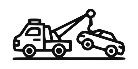 Naklejka premium Handmade Outline vector icon of tow truck towing car, vehicle service concept