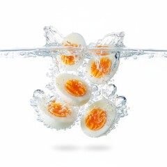 Boiled egg halves splashing in water isolated on white 