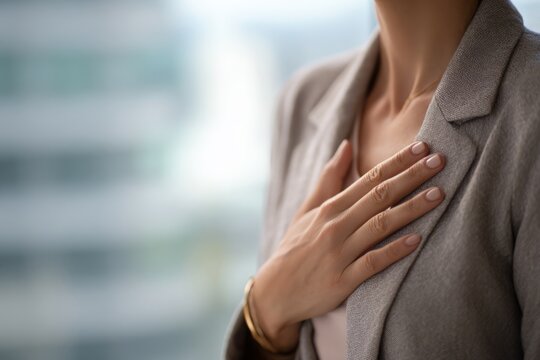 A kind businesswoman places her hand on her chest, expressing empathy and reassurance.